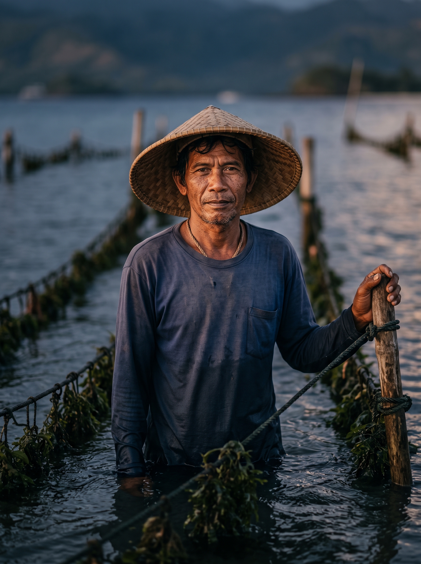 Seaweed farmer standing near farming ropes